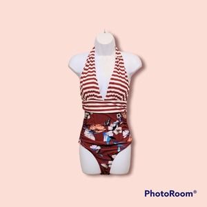 Cupshe Retro Halter Tummy Control Swimsuit Burgundy Stripes/Floral Size M NWT